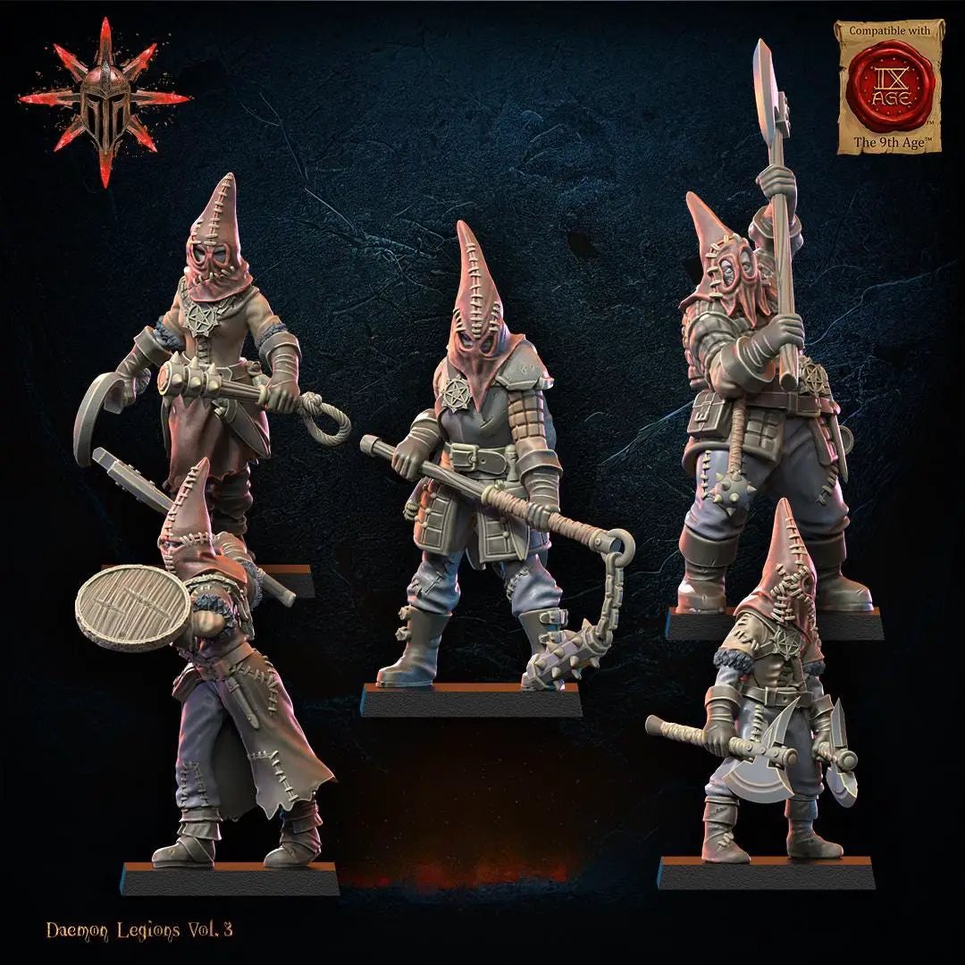 3D printed Chaos Cultists miniatures by Lost Kingdom Miniatures, featuring detailed figures in dark, chaotic armor.