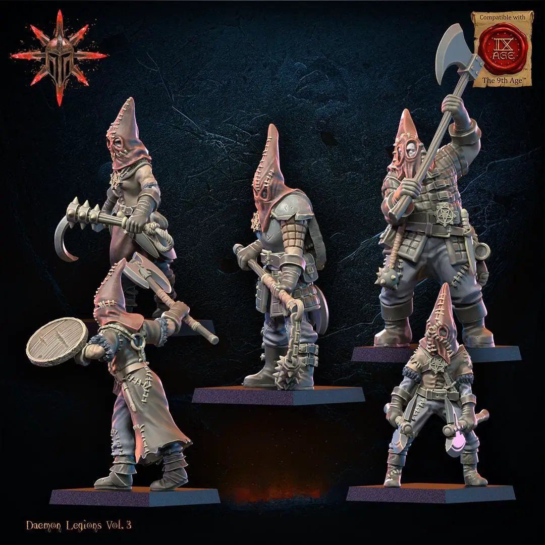 3D printed Chaos Cultists miniatures by Lost Kingdom Miniatures, featuring detailed figures in dark, chaotic armor.