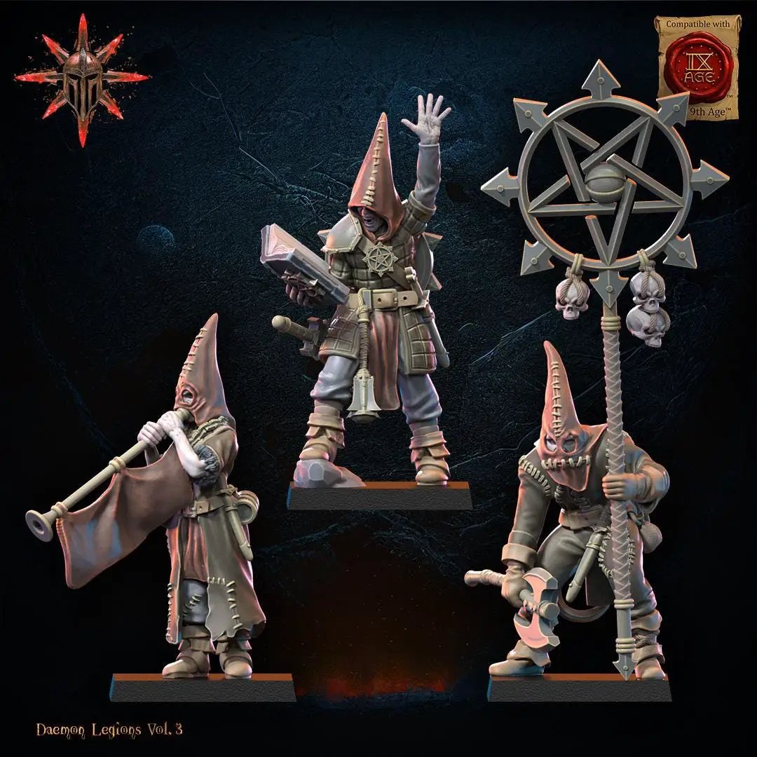 3D printed Chaos Cultists Command Group by Last Hope Miniatures, featuring detailed figures in dark, chaotic armor and weaponry.