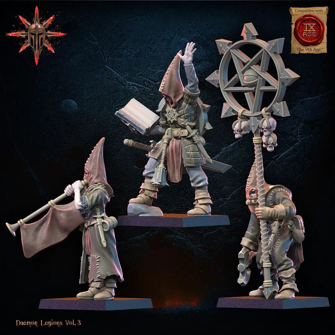 3D printed Chaos Cultists command group miniatures by Last Hope Miniatures, featuring detailed figures with weapons and armor.