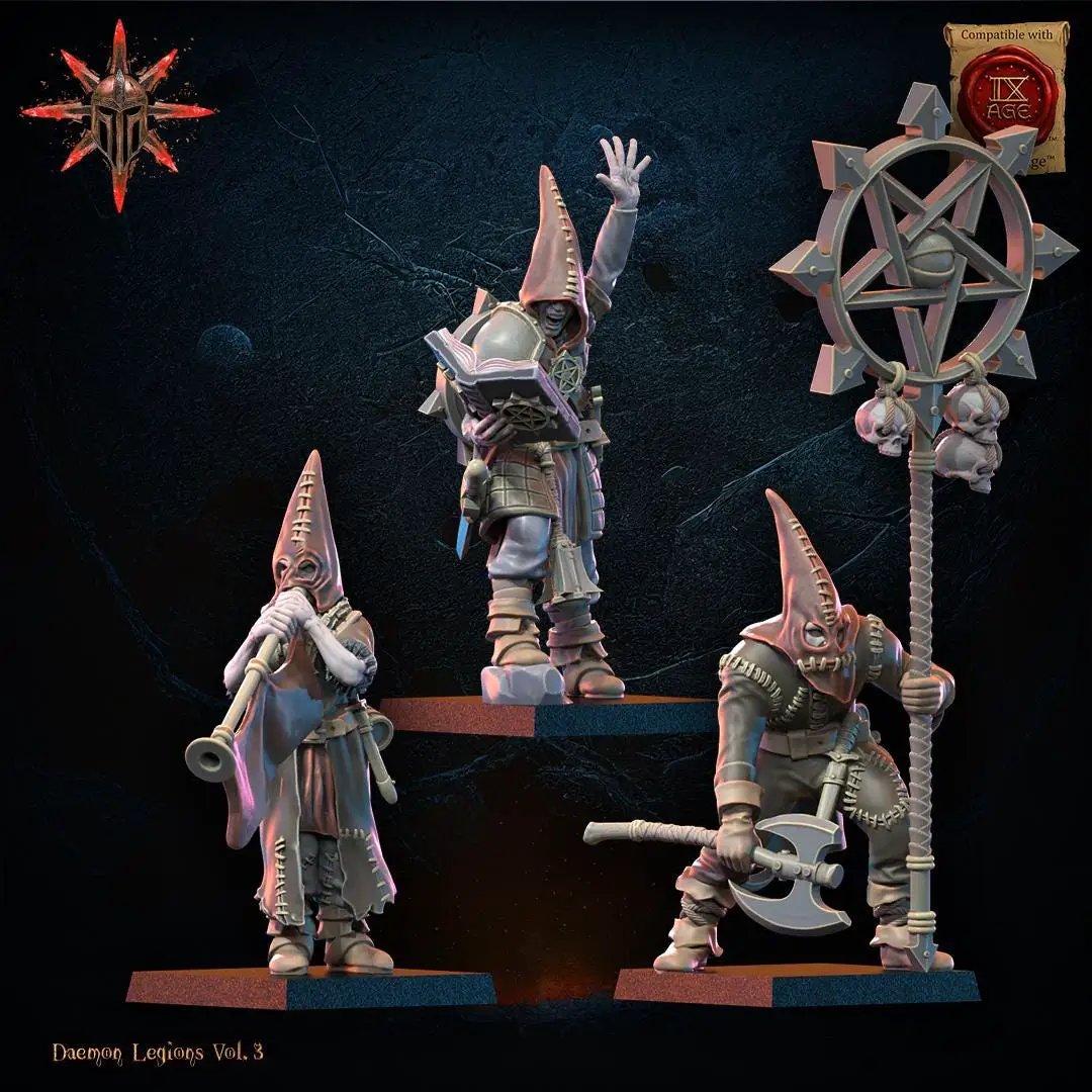 3D printed Chaos Cultists command group by Lost Kingdom Miniatures, featuring detailed figures in dark armor and chaos symbols.