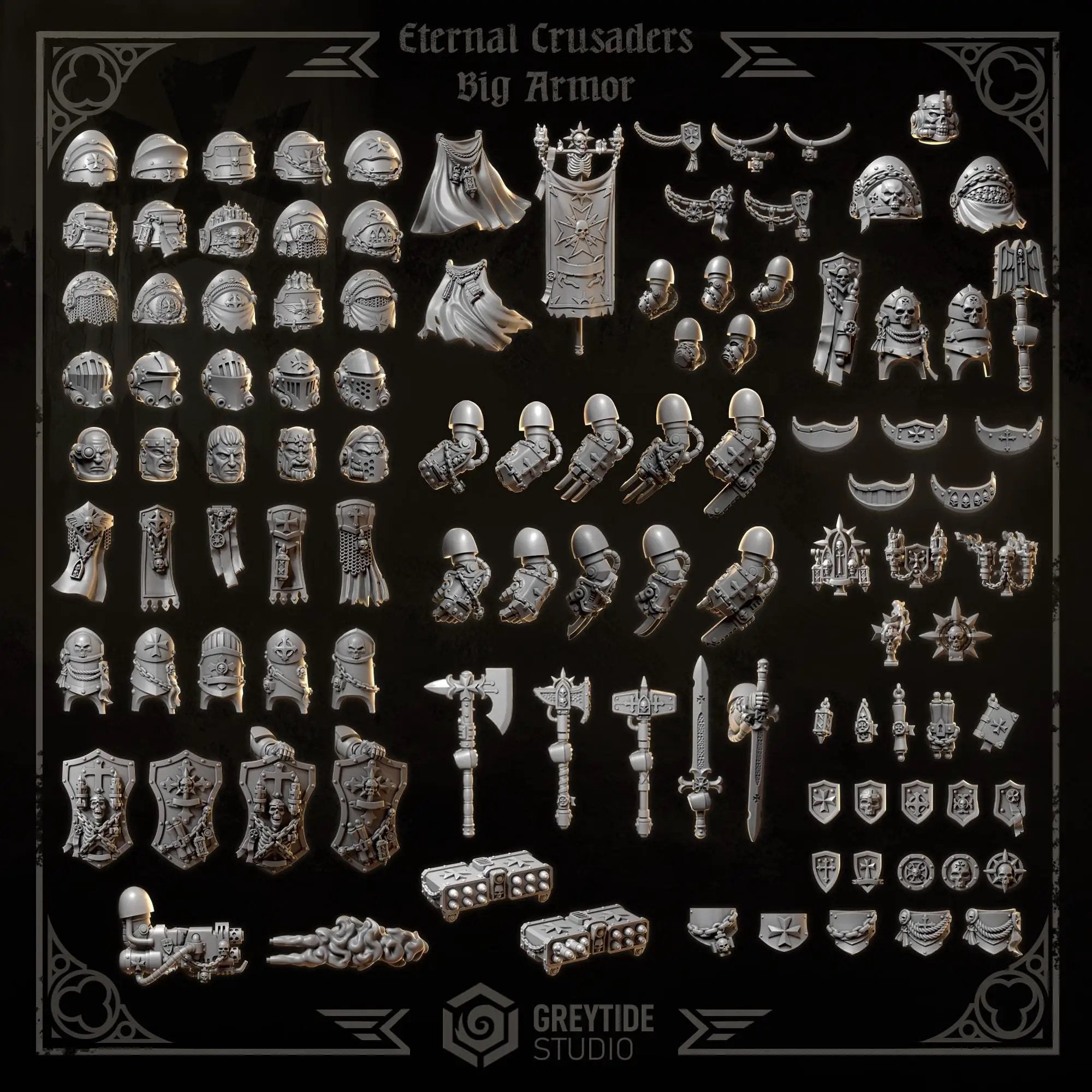 3D printed Eternal Crusader banners by Greytide Studio for Last Hope Miniatures, featuring detailed medieval-style banners.