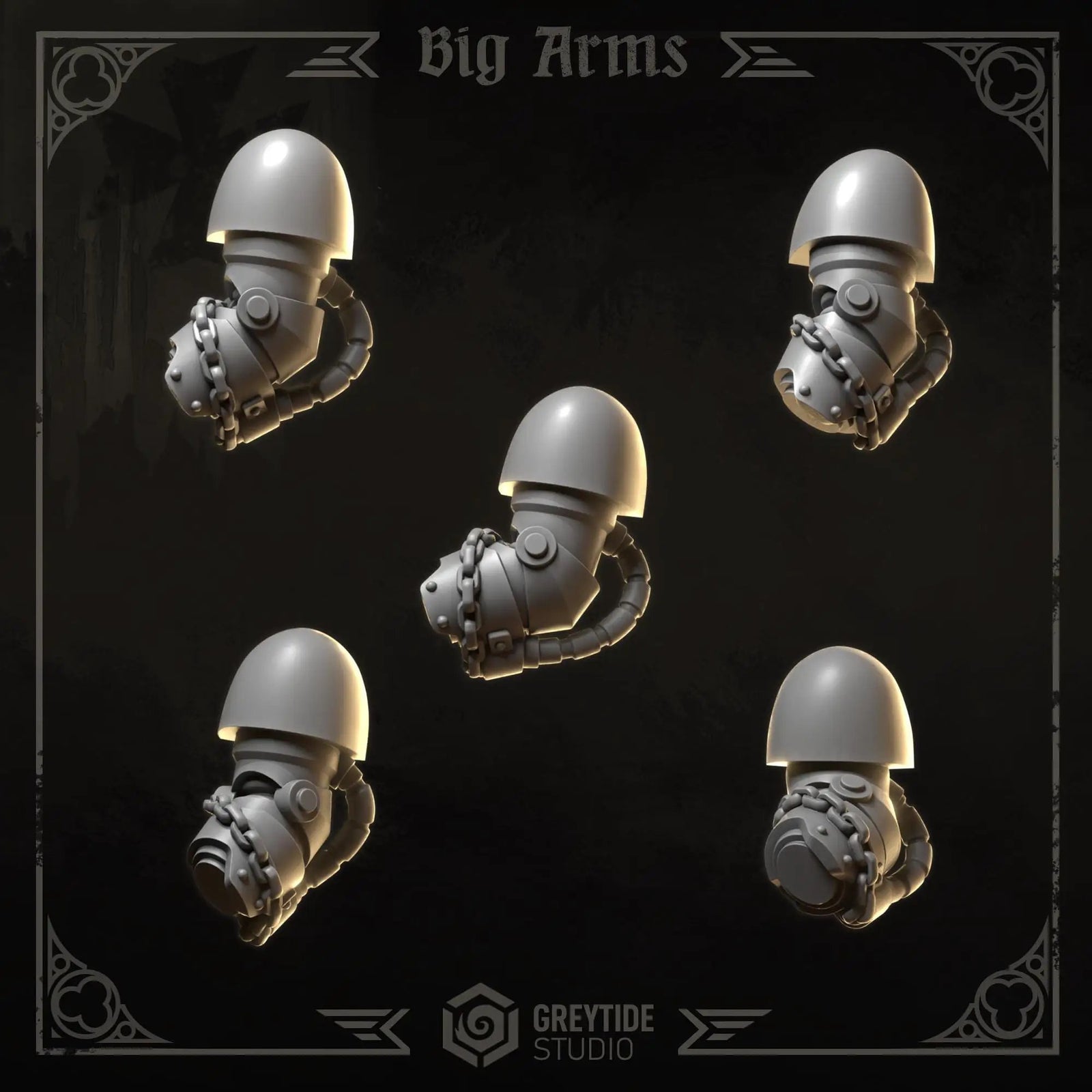 3D printed Eternal Crusader Big Arms upgrade kit by Greytide Studio for Last Hope Miniatures, showing detailed armor and weapon components.