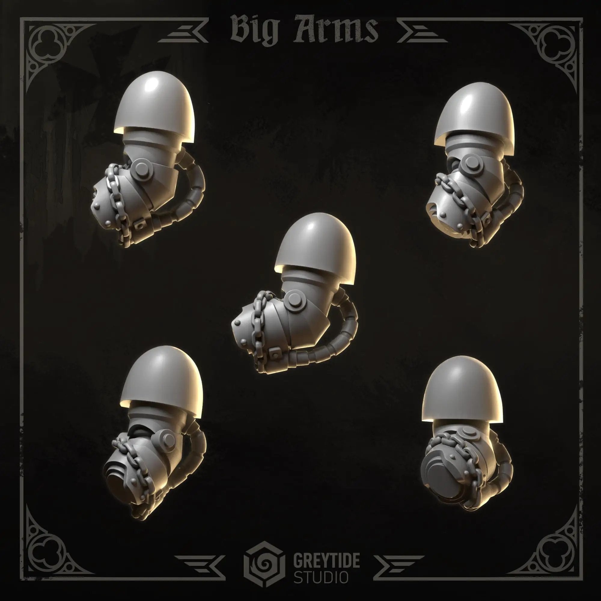 3D printed Eternal Crusader Big Arms upgrade kit by Greytide Studio for Last Hope Miniatures, showing detailed armor and weapon components.