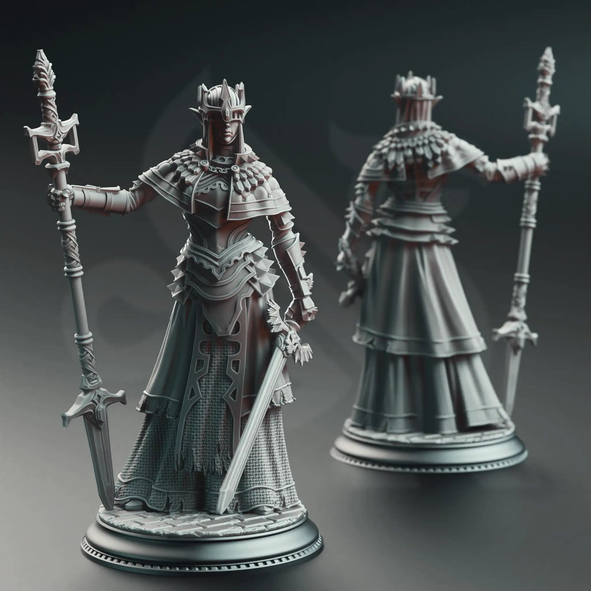 3D printed Half-Elf War Maiden Cleric miniature by Last Hope Miniatures, featuring detailed armor and fantasy character design.