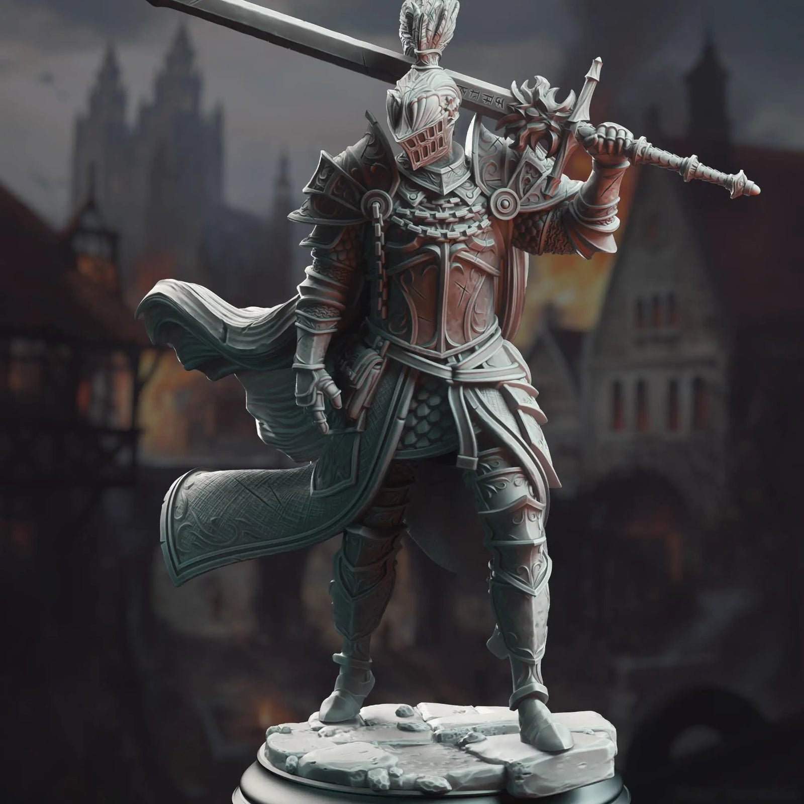 3D printed Knight of the Dusk miniature by Last Hope Miniatures, detailed fantasy armor and weapon in a dynamic pose.