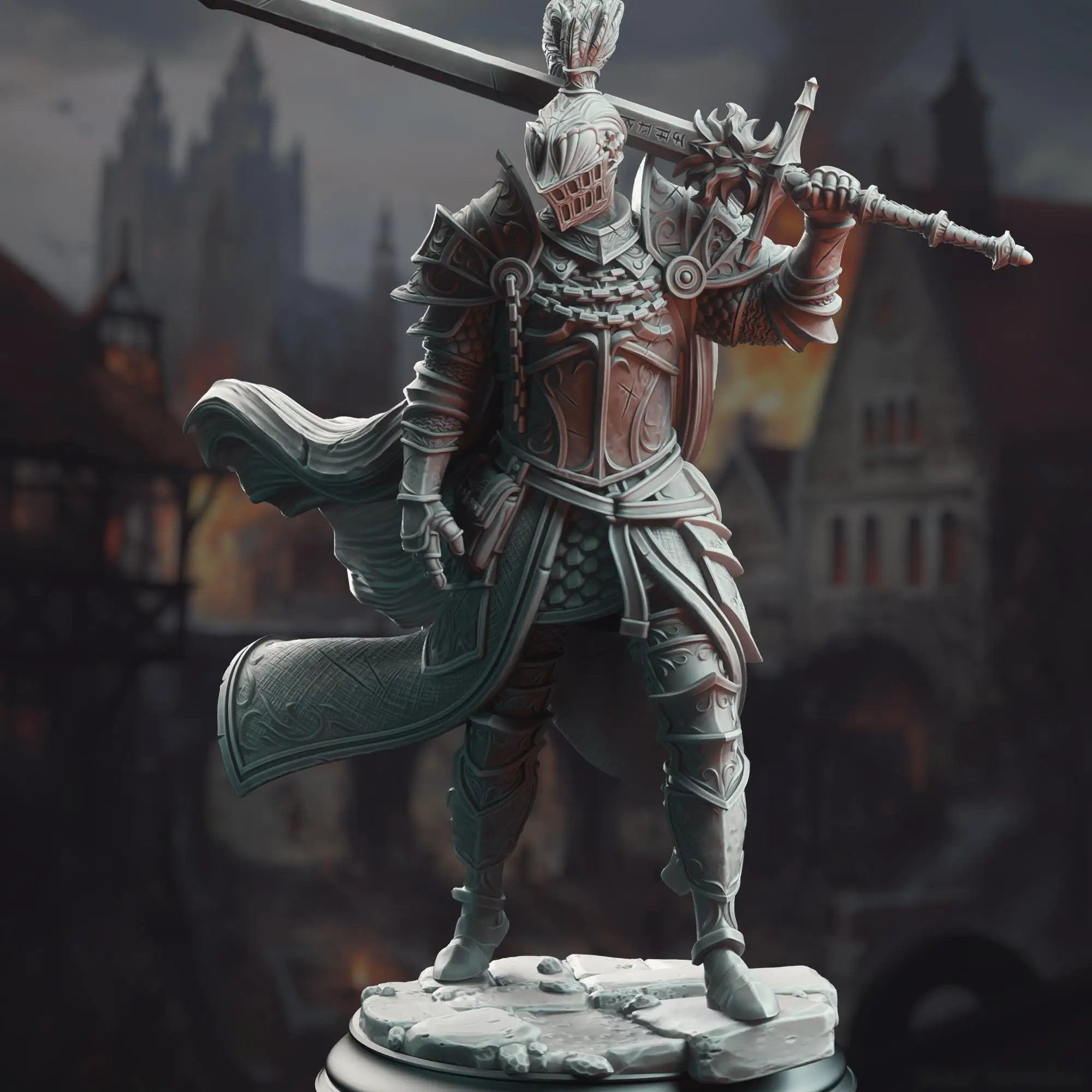 3D printed Knight of the Dusk miniature by Last Hope Miniatures, detailed fantasy armor and weapon in a dynamic pose.