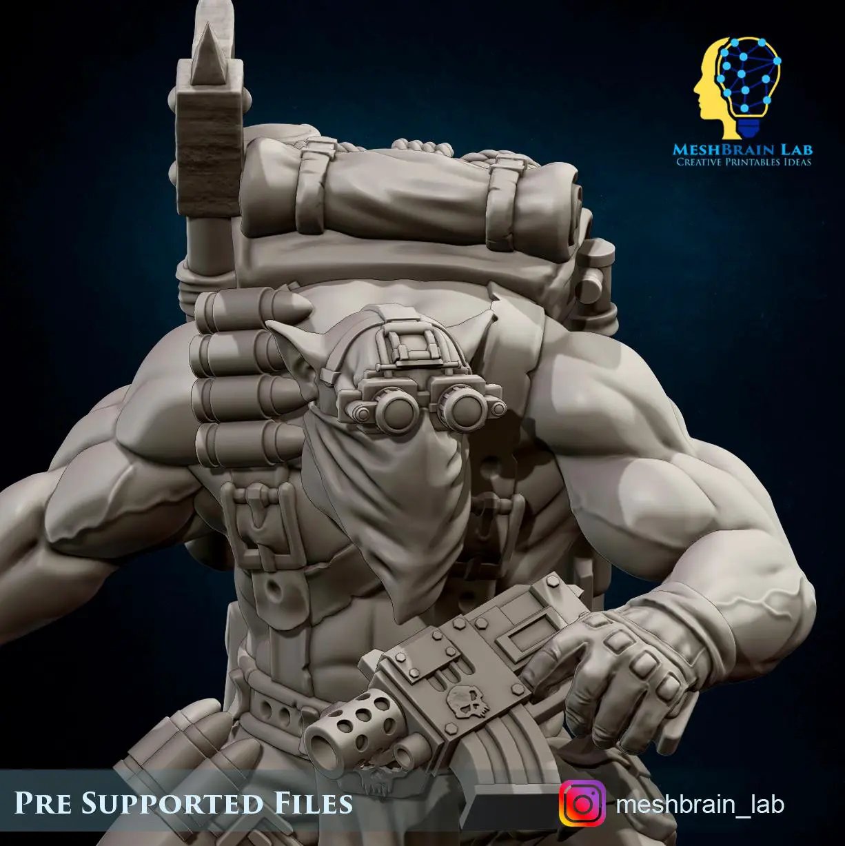 3D printed Ork Smoke Grenade Commando miniature by Meshbrain Labs for Last Hope Miniatures, detailed green Ork figure with smoke grenade accessory.