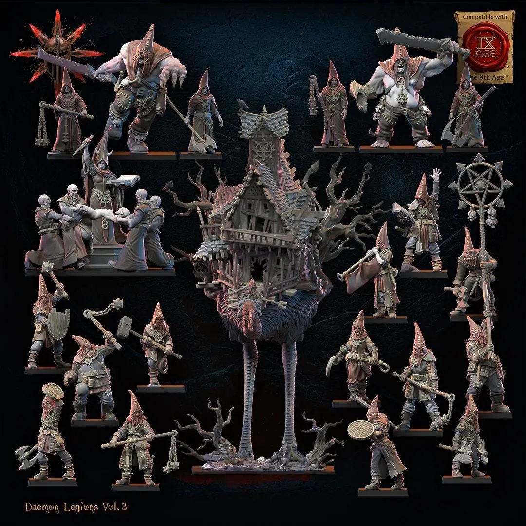 3D printed Chaos Cultists Command Group miniatures by Lost Kingdom Miniatures, featuring detailed chaos warrior figures with weapons and armor.
