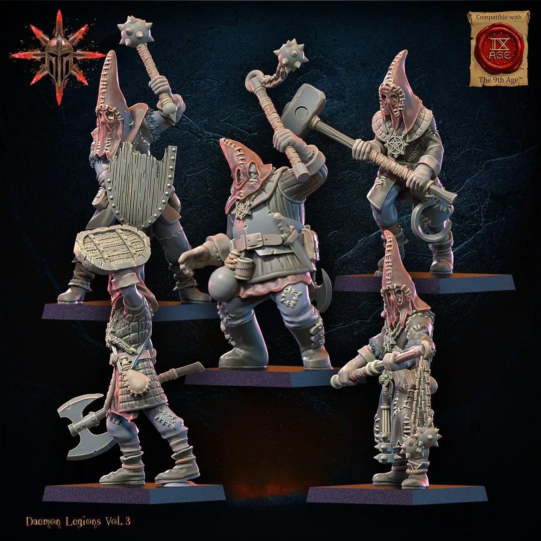 3D printed Chaos Cultists miniatures by Lost Kingdom Miniatures, detailed figures with chaotic armor and weaponry for tabletop gaming.
