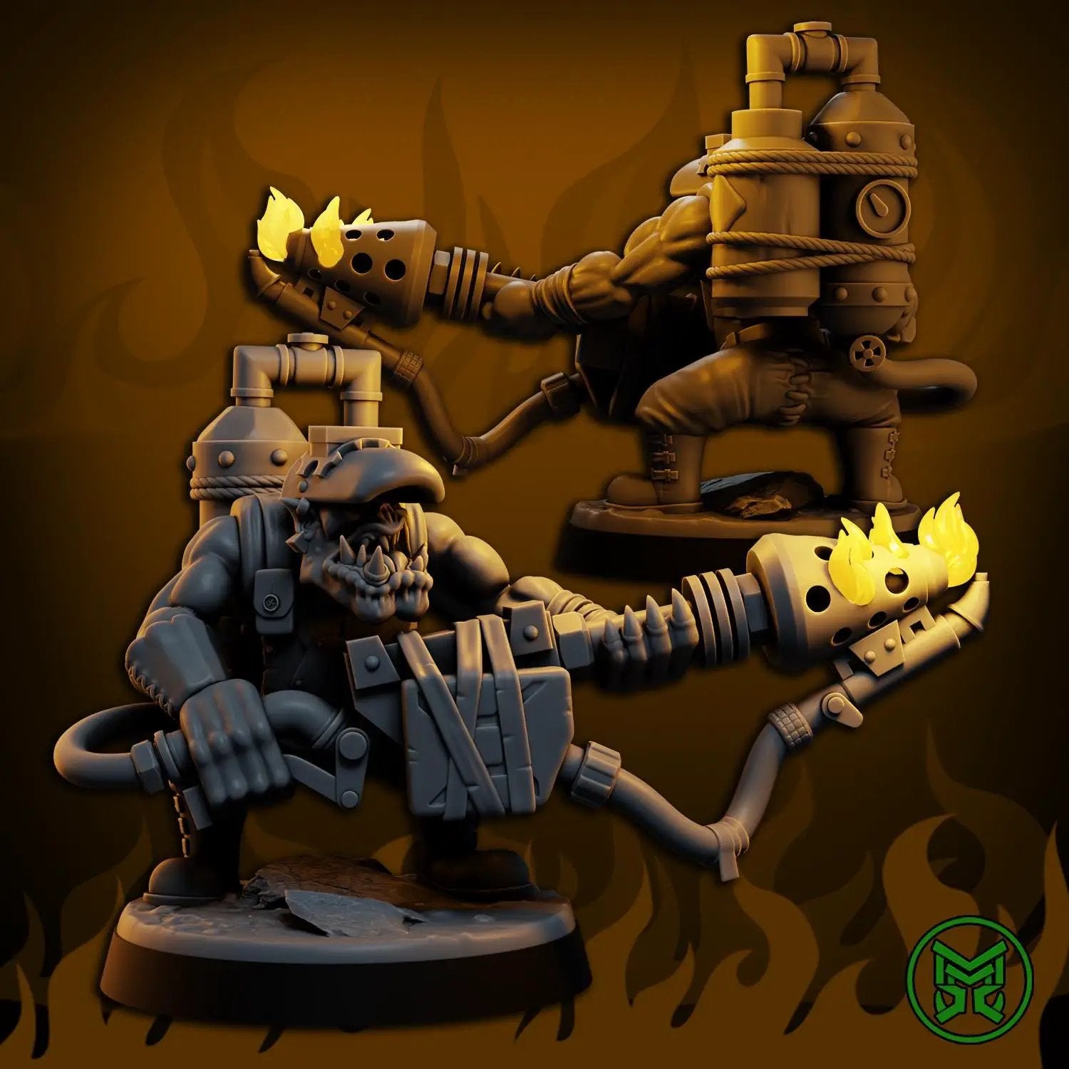 3D printed Ork Flamerz miniature by Last Hope Miniatures for Mekka Miniatures, featuring detailed ork soldier with flamethrower.