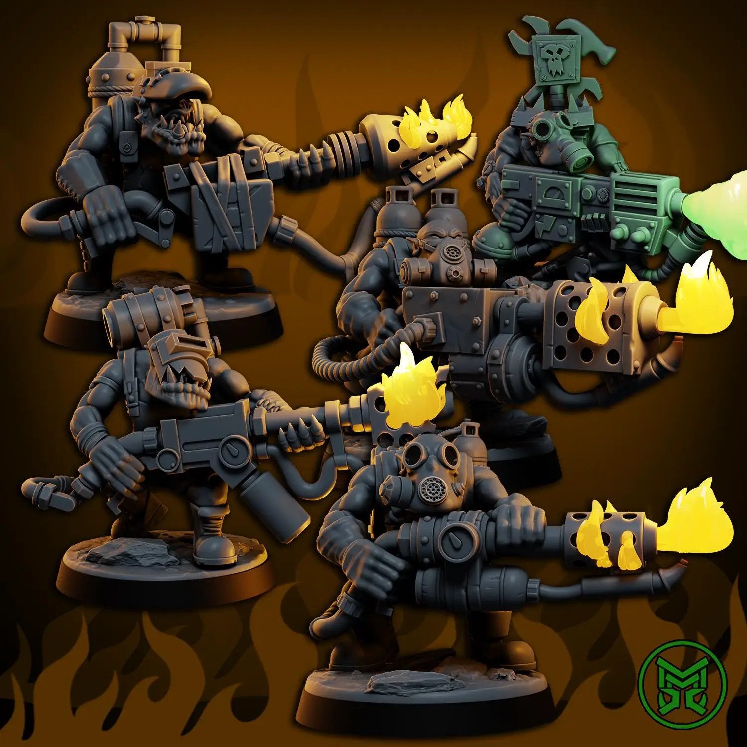3D printed Ork Flamerz miniature by Mekka Miniatures, detailed green Ork figure with a flamethrower for tabletop gaming.
