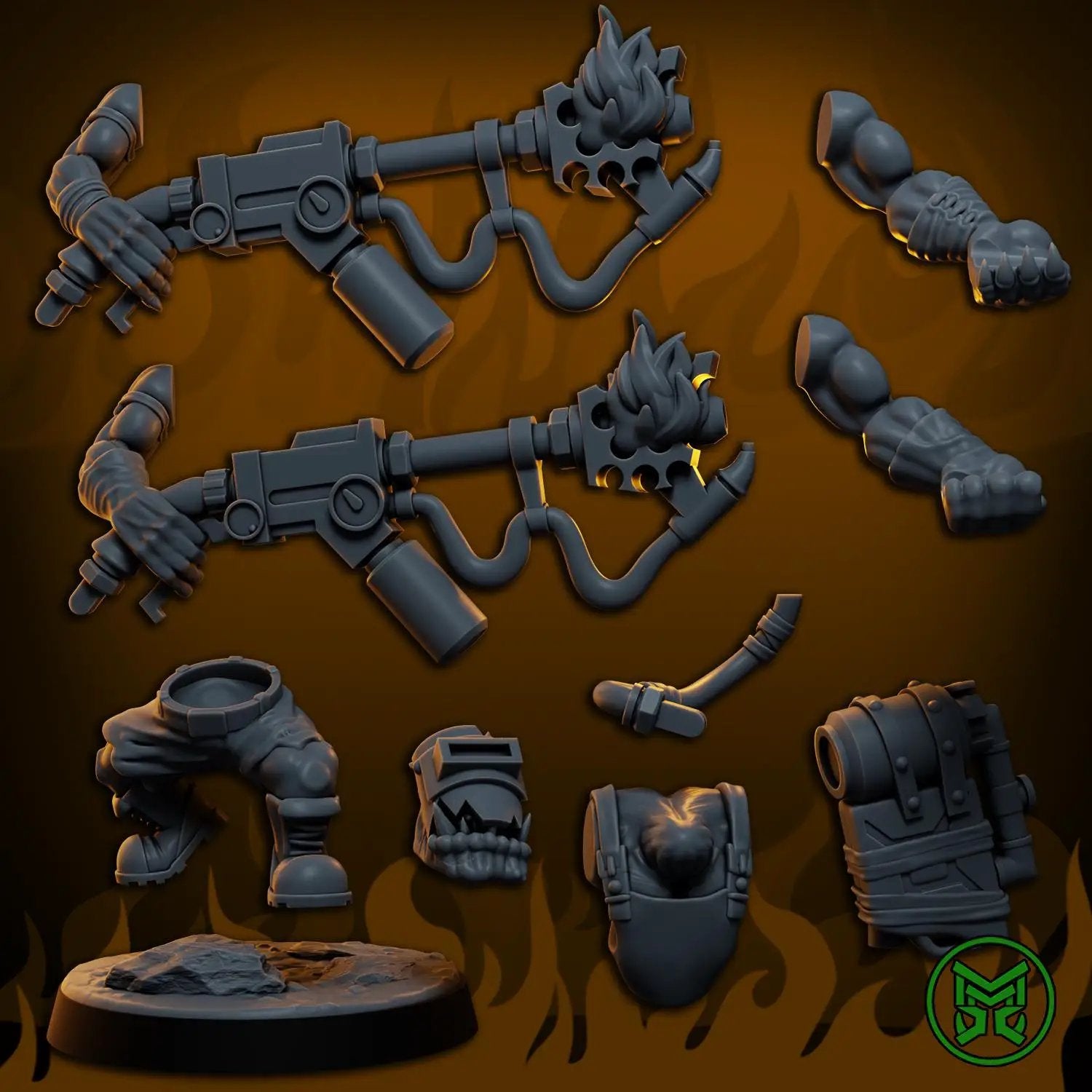 3D printed Ork Flamerz miniature by Mekka Miniatures, featuring detailed green Ork figure holding a flamethrower.