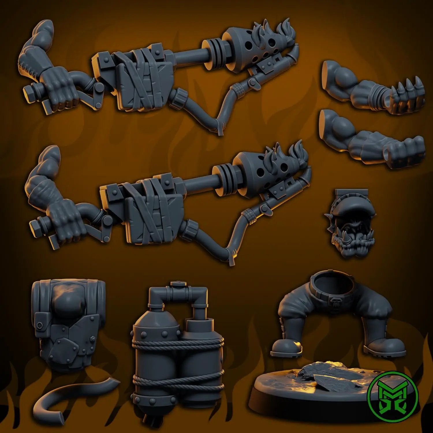 3D printed Ork Flamerz model by Last Hope Miniatures for Mekka Miniatures, featuring detailed green Ork figure with flamethrower.