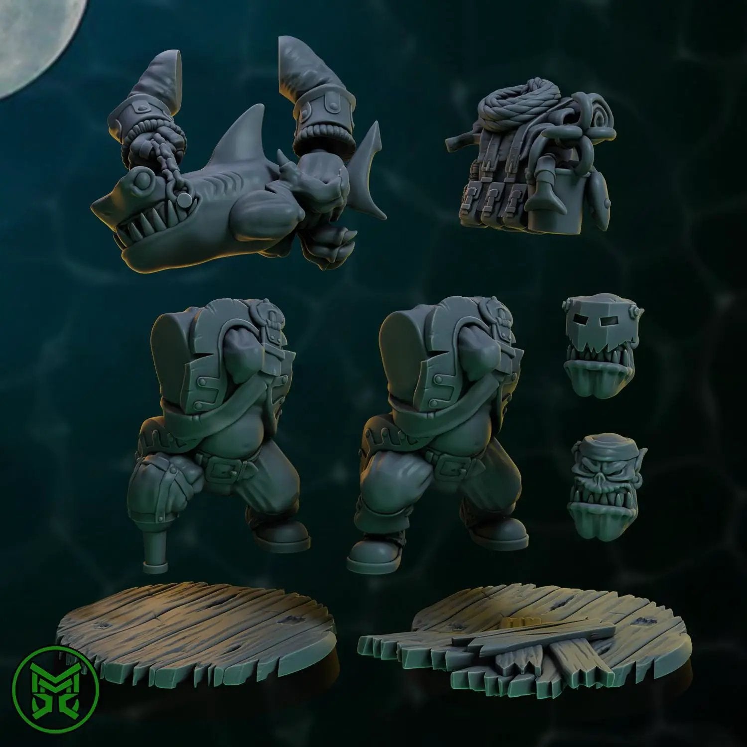 3D printed Shark Smasher Ork miniature by Last Hope Miniatures, featuring detailed green orc with shark-themed armor and weapon.
