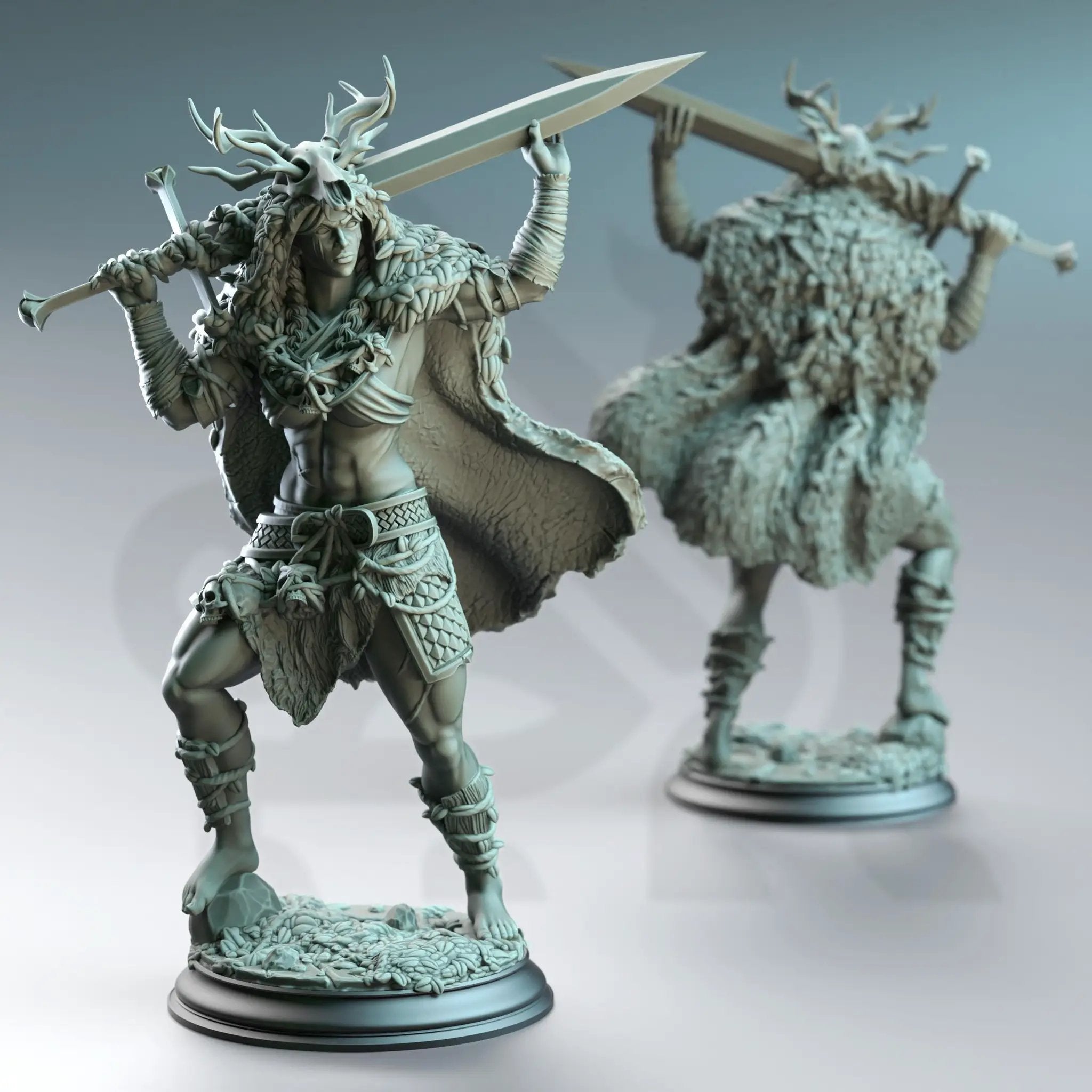 3D printed Goliath Fey Barbarian miniature by Last Hope Miniatures, featuring detailed fantasy character with armor and weapon.