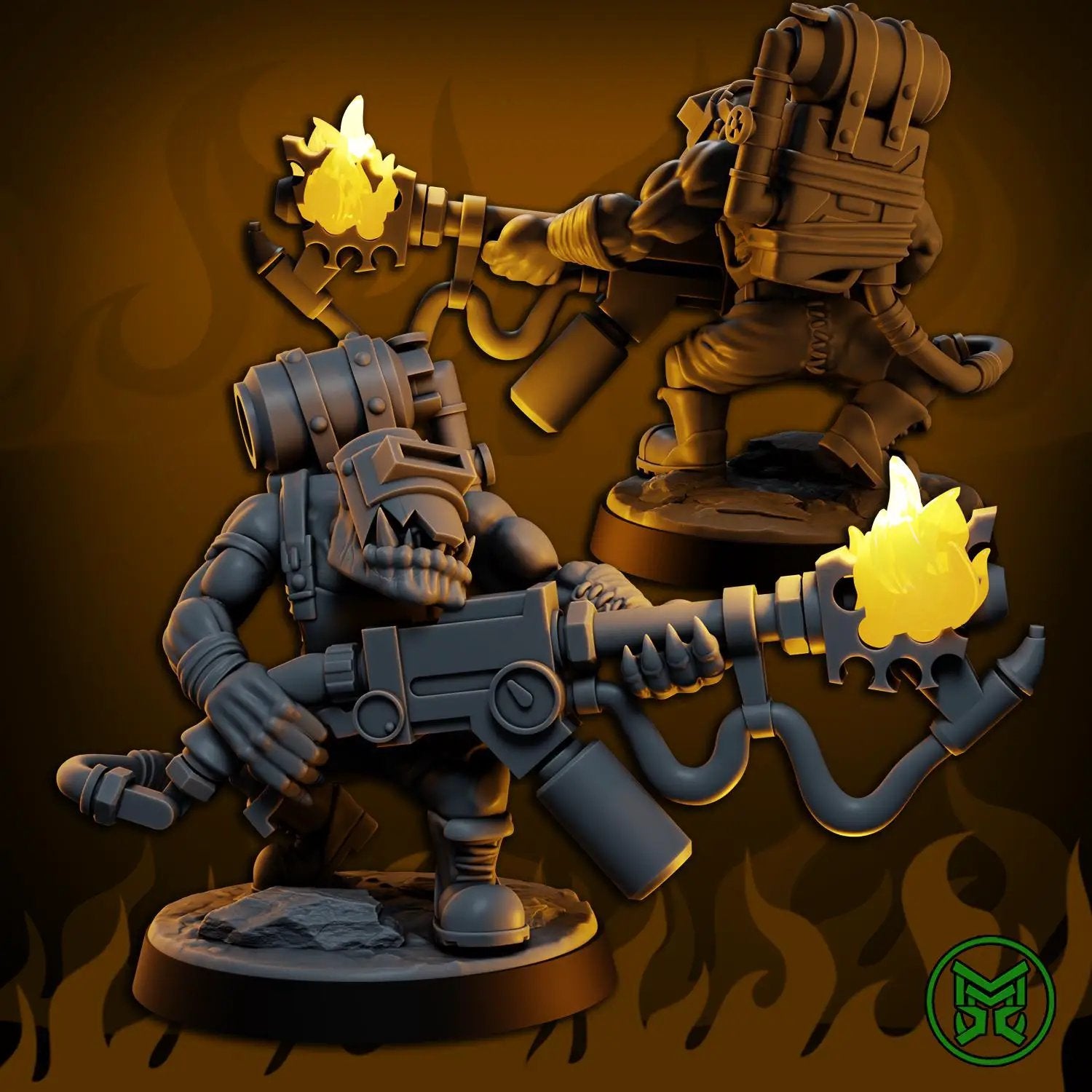 3D printed Ork Flamerz miniature by Mekka Miniatures, detailed green Ork figure with a flaming weapon, from Last Hope Miniatures.
