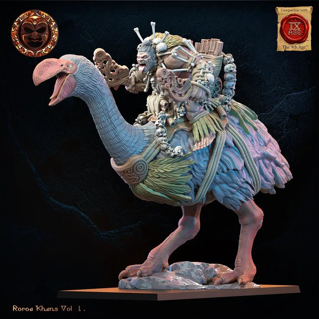 3D printed Roroa Ariki figure on Dromornis mount by Last Hope Miniatures, detailed miniature model on a scenic base