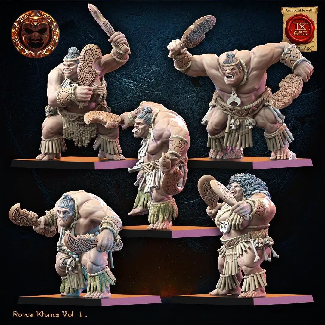 10 3D printed Roroa Khans Regiment miniatures by Lost Kingdom Miniatures, detailed fantasy warrior figures in various poses.