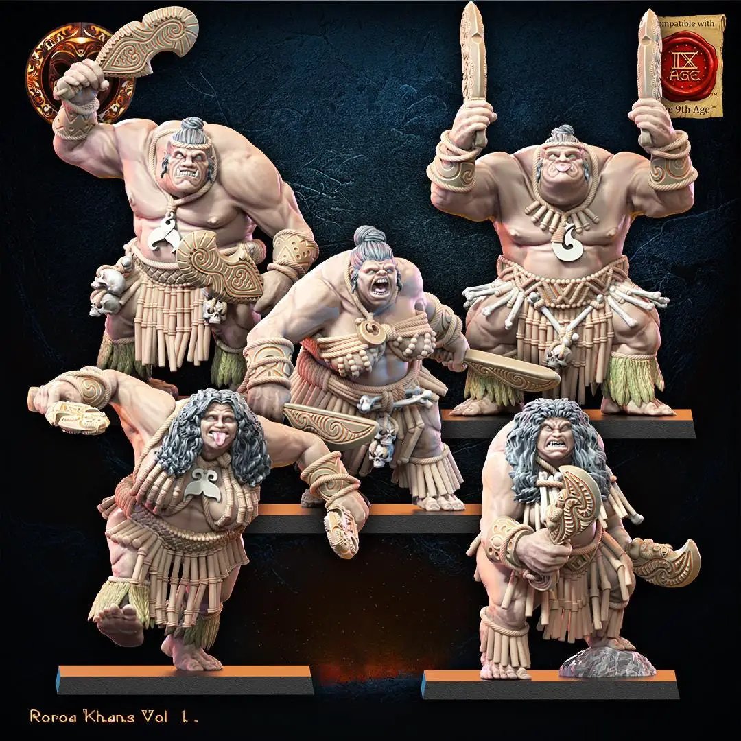 3D printed Roroa Khans Regiment miniatures by Lost Kingdom Miniatures, showing detailed figures in brown and metallic paint.
