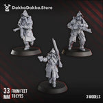 Three 3D printed trench heavy support models by Last Hope Miniatures for DakkaDakka Miniatures, detailed with realistic military features.