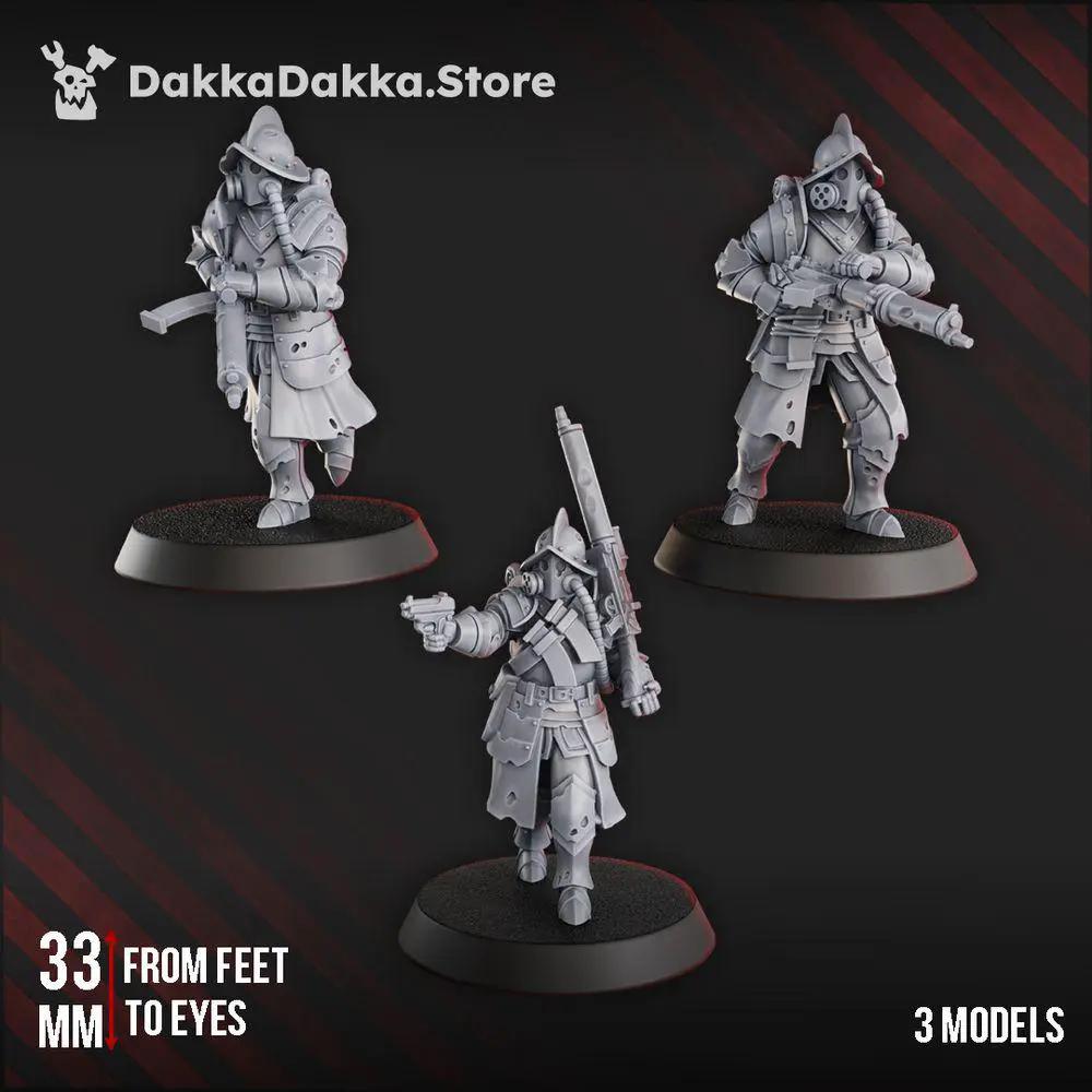 Three 3D printed trench heavy support models by Last Hope Miniatures for DakkaDakka Miniatures, detailed with realistic military features.