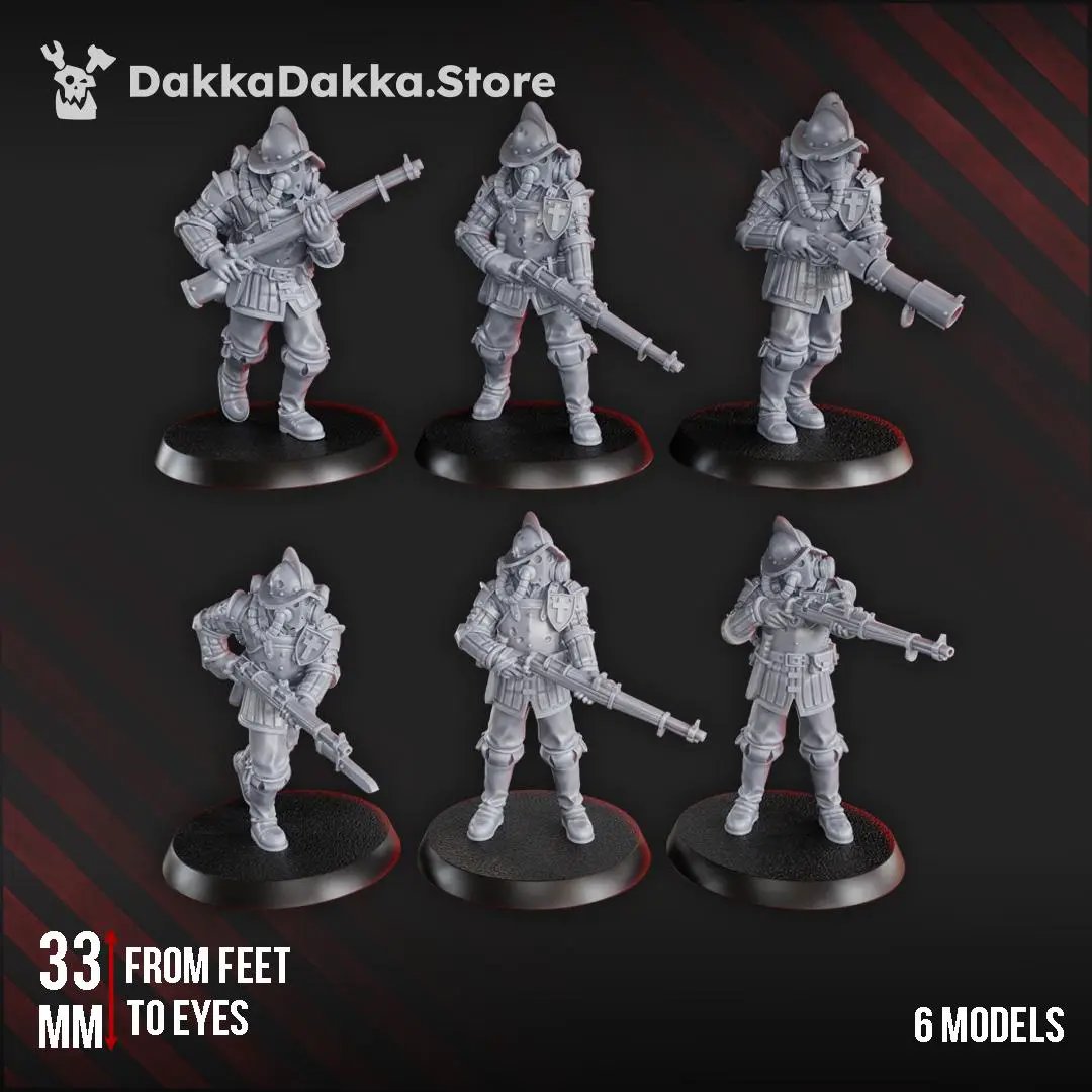Six 3D printed Conquistador figures from the Trench Elite series by Last Hope Miniatures, detailed miniatures for tabletop gaming.