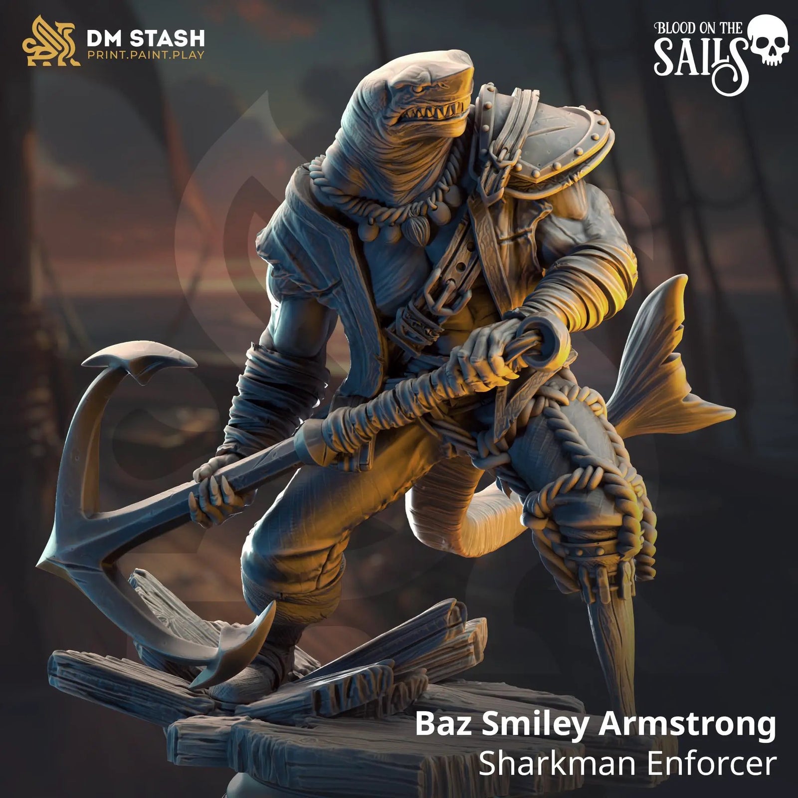 3D printed Sharkman Enforcer miniature by Last Hope Miniatures, featuring a detailed shark humanoid figure with armor and weaponry.