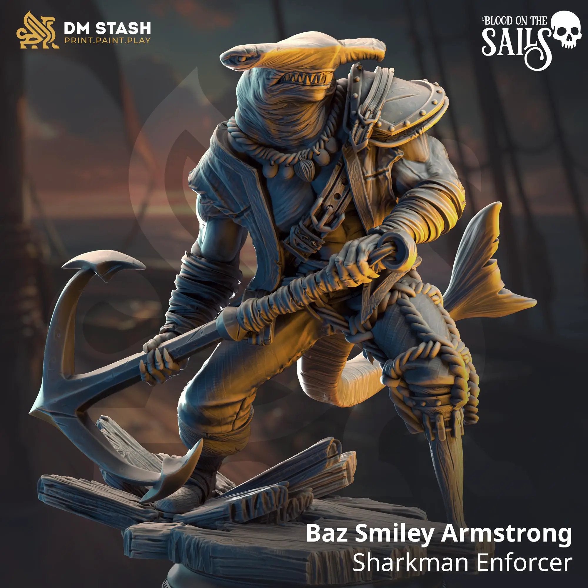 3D printed Sharkman Enforcer miniature by Last Hope Miniatures, detailed aquatic-themed figure with armor and weaponry.