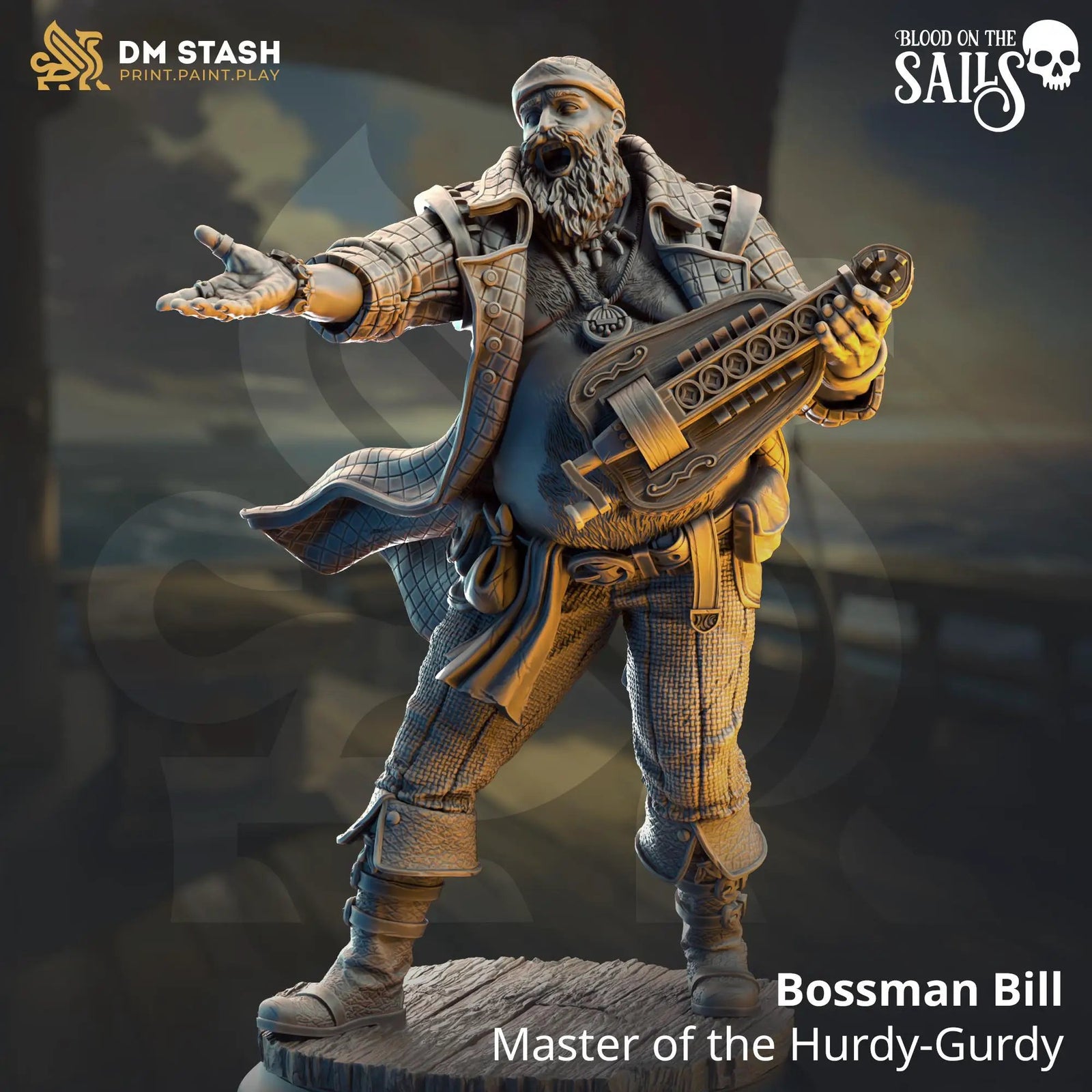 3D printed Bossman Bill figure from Last Hope Miniatures, Master of the Hurdy-Gurdy, detailed fantasy character image.