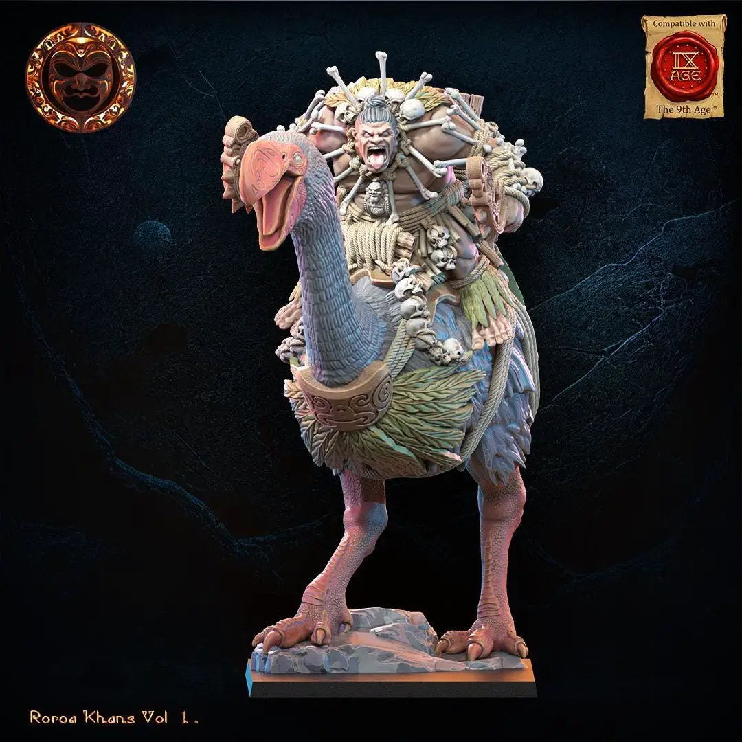 3D printed Roroa Ariki on Dromornis mount miniature by Last Hope Miniatures, detailed fantasy creature sculpture.