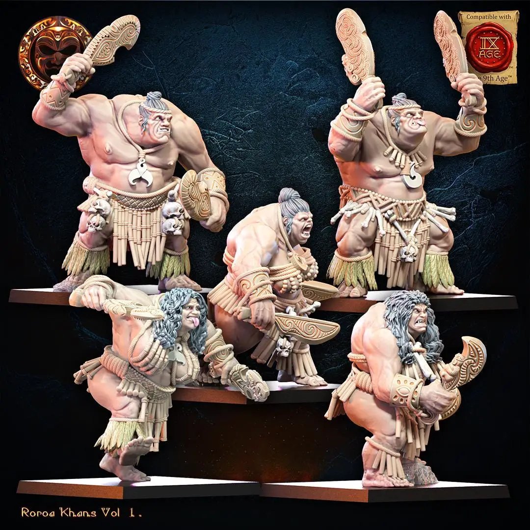 Group of 10 3D printed Roroa Khans Regiment miniatures by Lost Kingdom Miniatures, detailed fantasy figures with intricate armor and weapons.