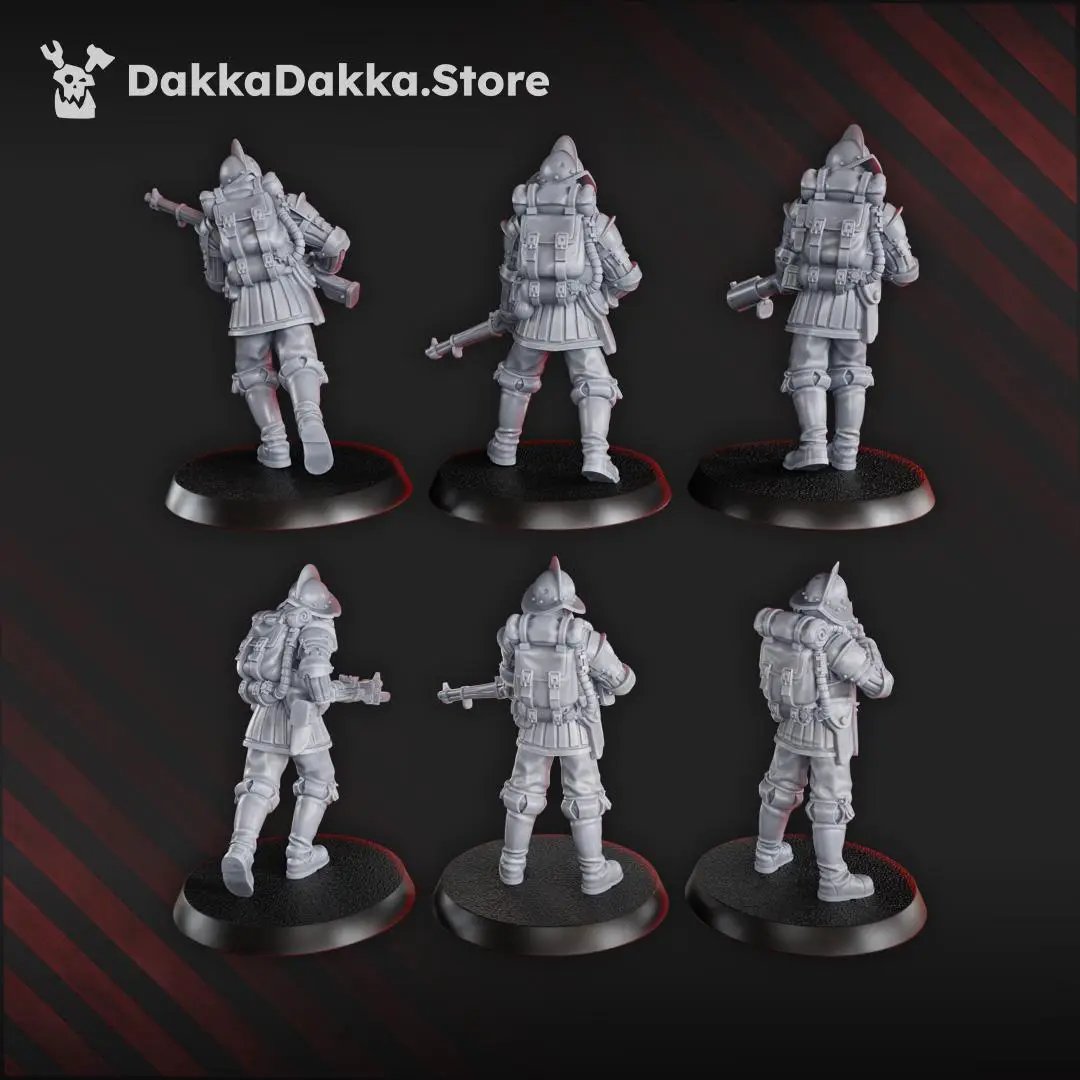 Six 3D printed Trench Elite Conquistadors miniatures by Last Hope Miniatures for DakkaDakka, detailed military figures for tabletop gaming.