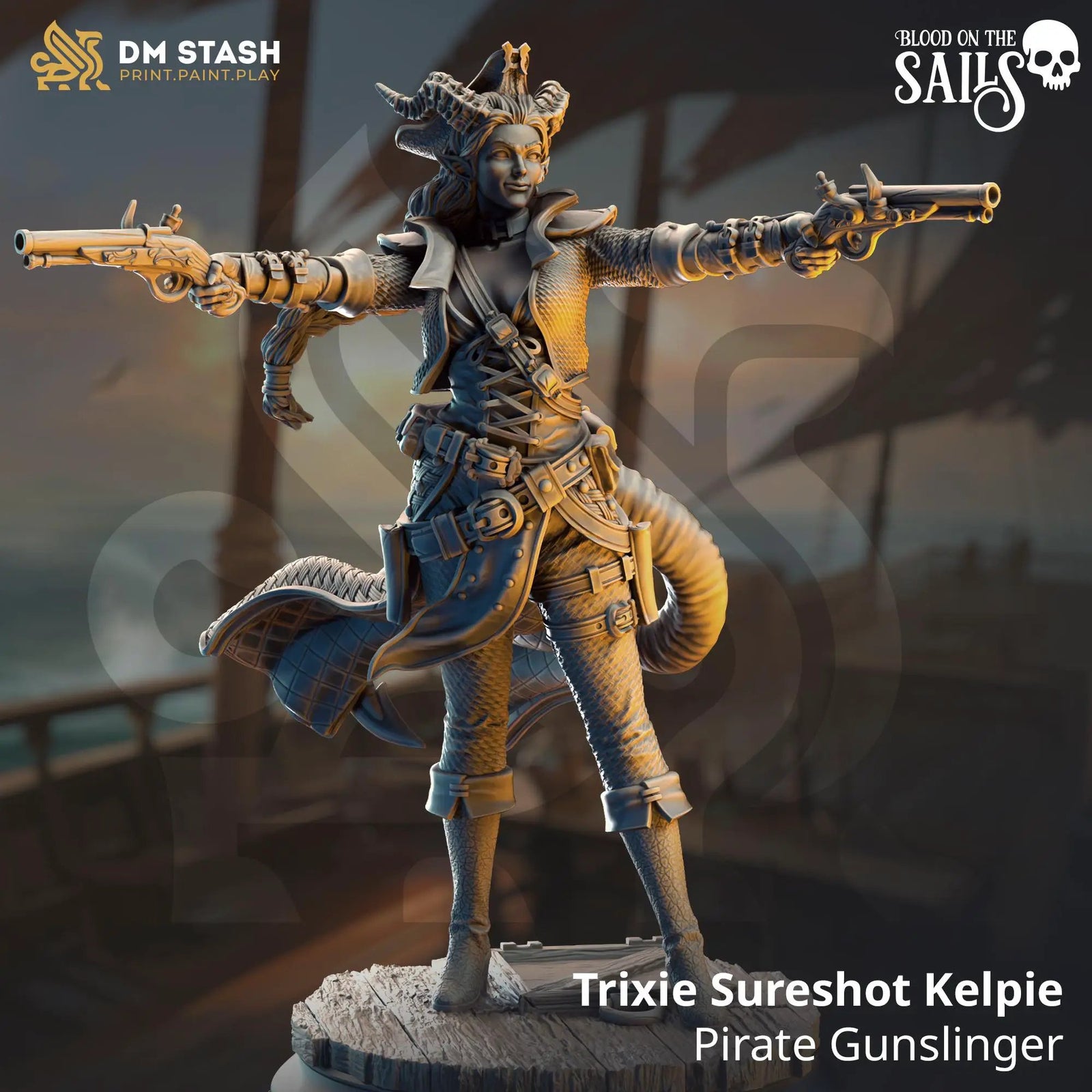 3D printed Pirate Gunslinger miniature by Last Hope Miniatures, featuring detailed pirate attire and weaponry.