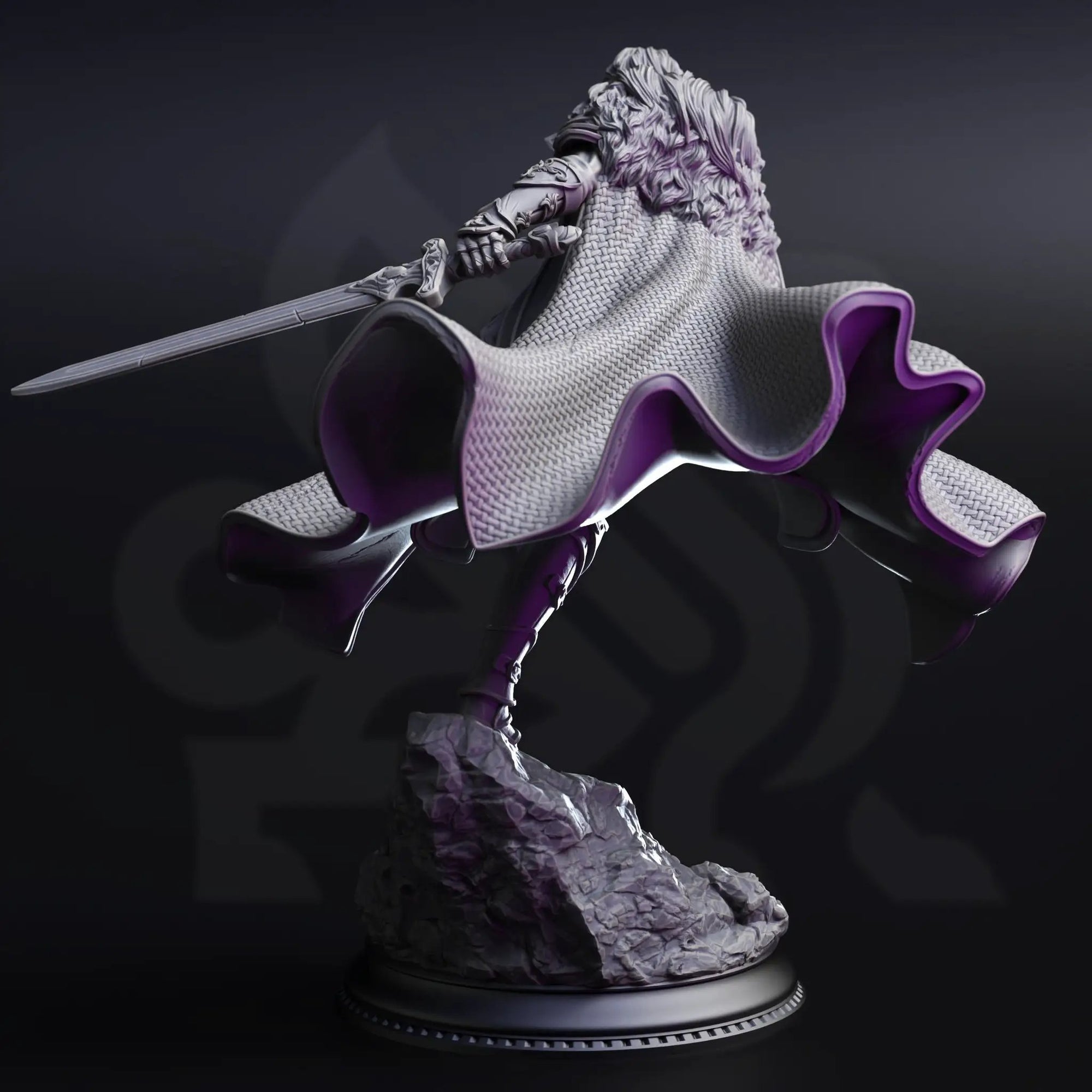 3D printed female human fighter miniature by Last Hope Miniatures, detailed fantasy figure on a black background.