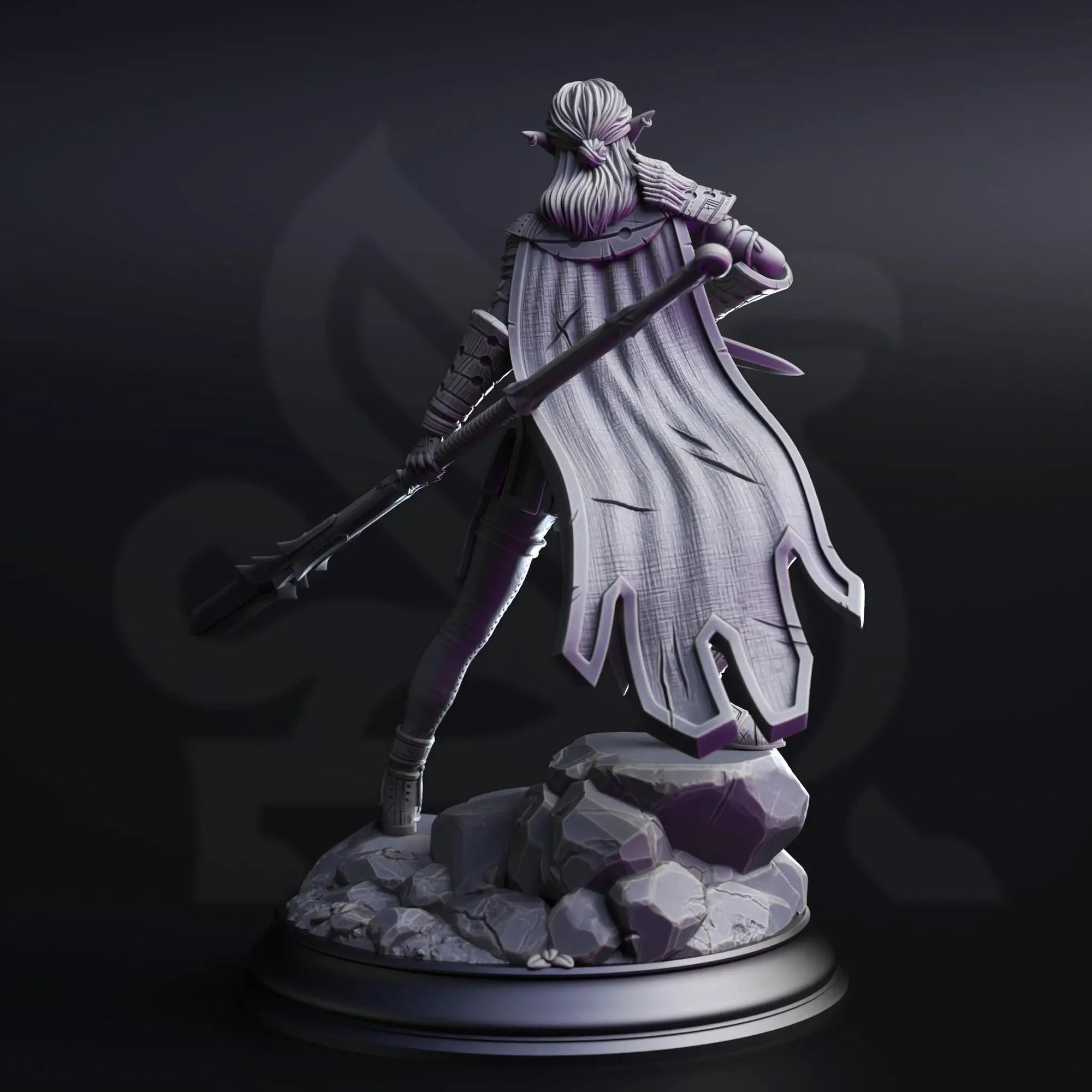 3D printed Drow Pathfinder miniature by Last Hope Miniatures, detailed fantasy figure for tabletop gaming and display.