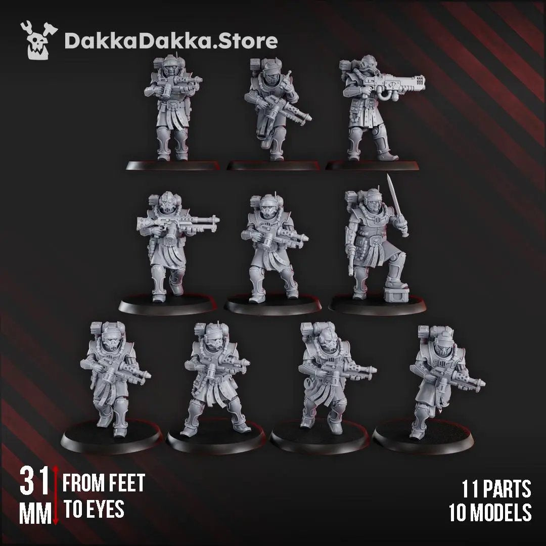 Set of ten 3D printed Satellitum Mechguards Squad miniatures by Last Hope Miniatures, detailed sci-fi robot figures.