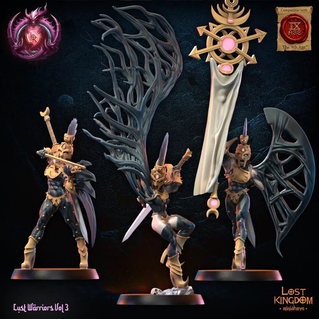 3D printed Lust Fallen Command Group miniature set by Lost Kingdom Miniatures, featuring detailed figures on a display base.