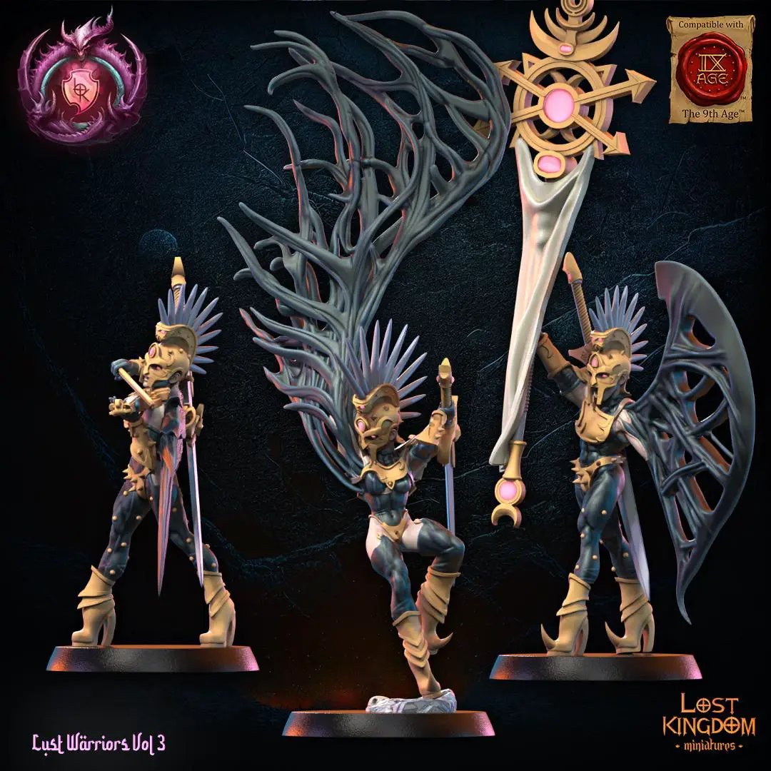 3D printed Lust Fallen Command Group miniatures by Last Hope Miniatures, featuring detailed figures in dark fantasy armor.
