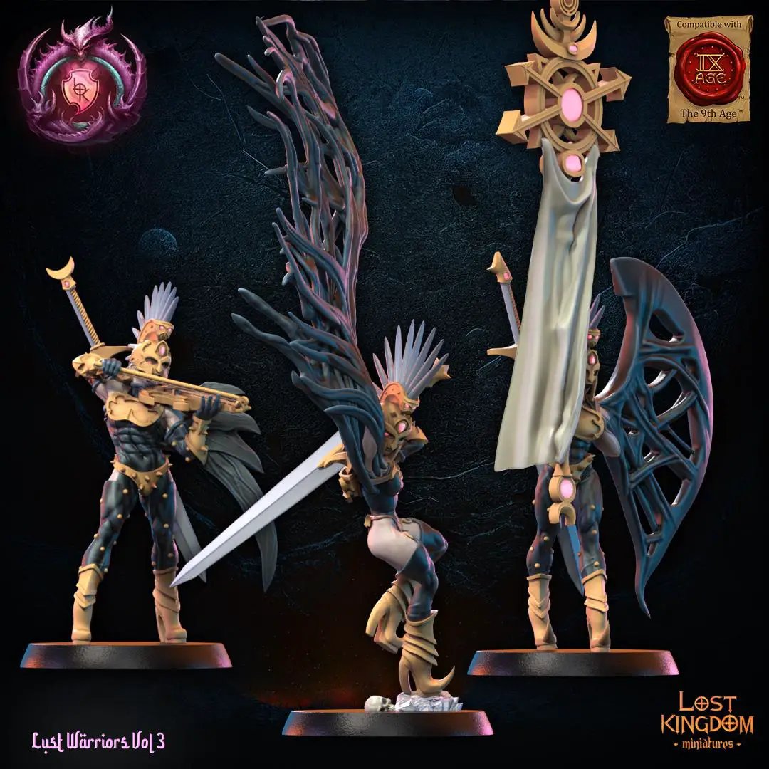 3D printed Lust Fallen Command Group by Lost Kingdom Miniatures, featuring detailed miniature figures in dark fantasy armor.