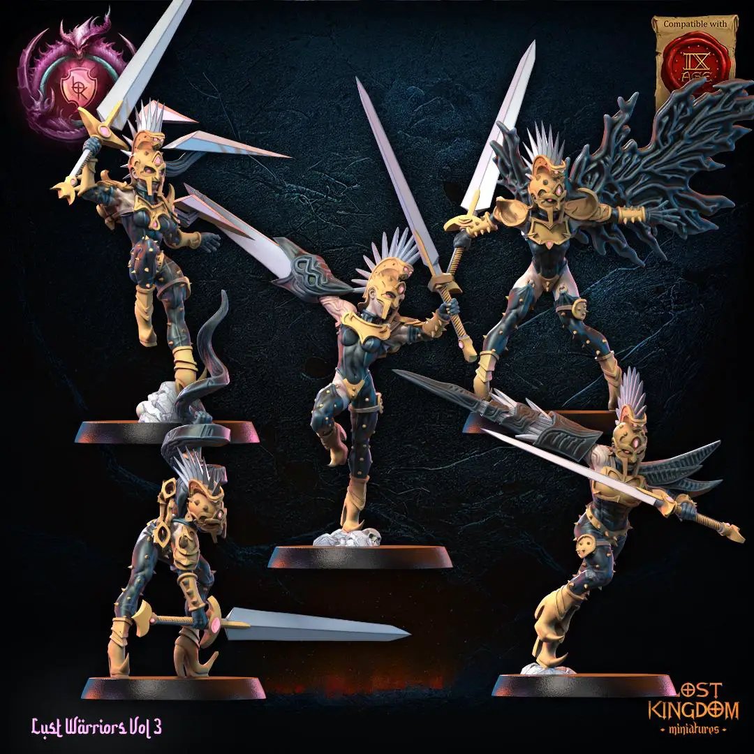 3D printed Lust Fallen Regiment miniature by Last Hope Miniatures, showing detailed fantasy warrior figures on a textured base.