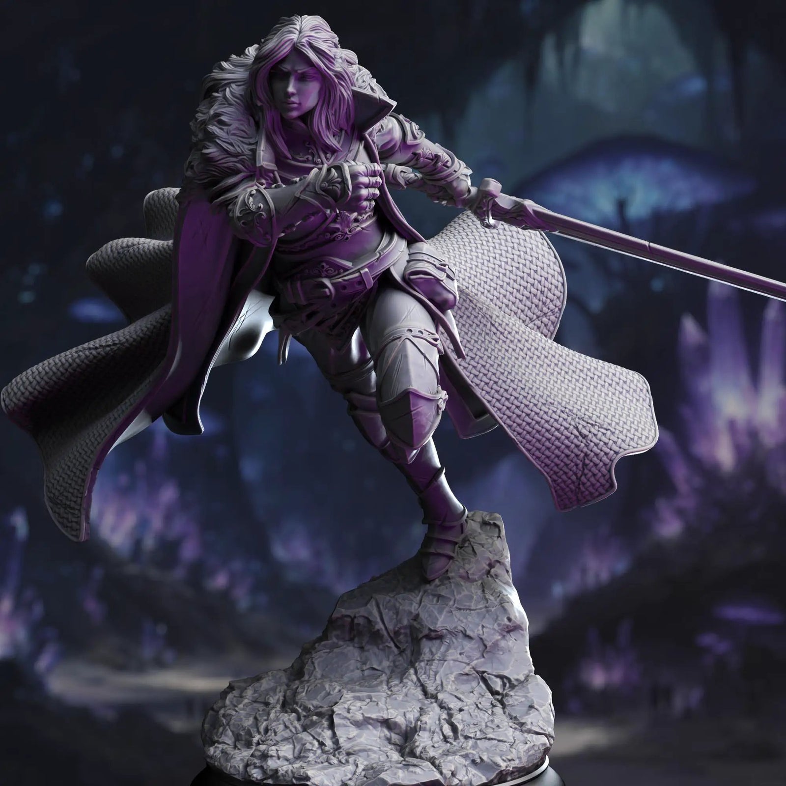 3D printed female human fighter miniature by Last Hope Miniatures, detailed figure with armor and weapon for tabletop gaming.