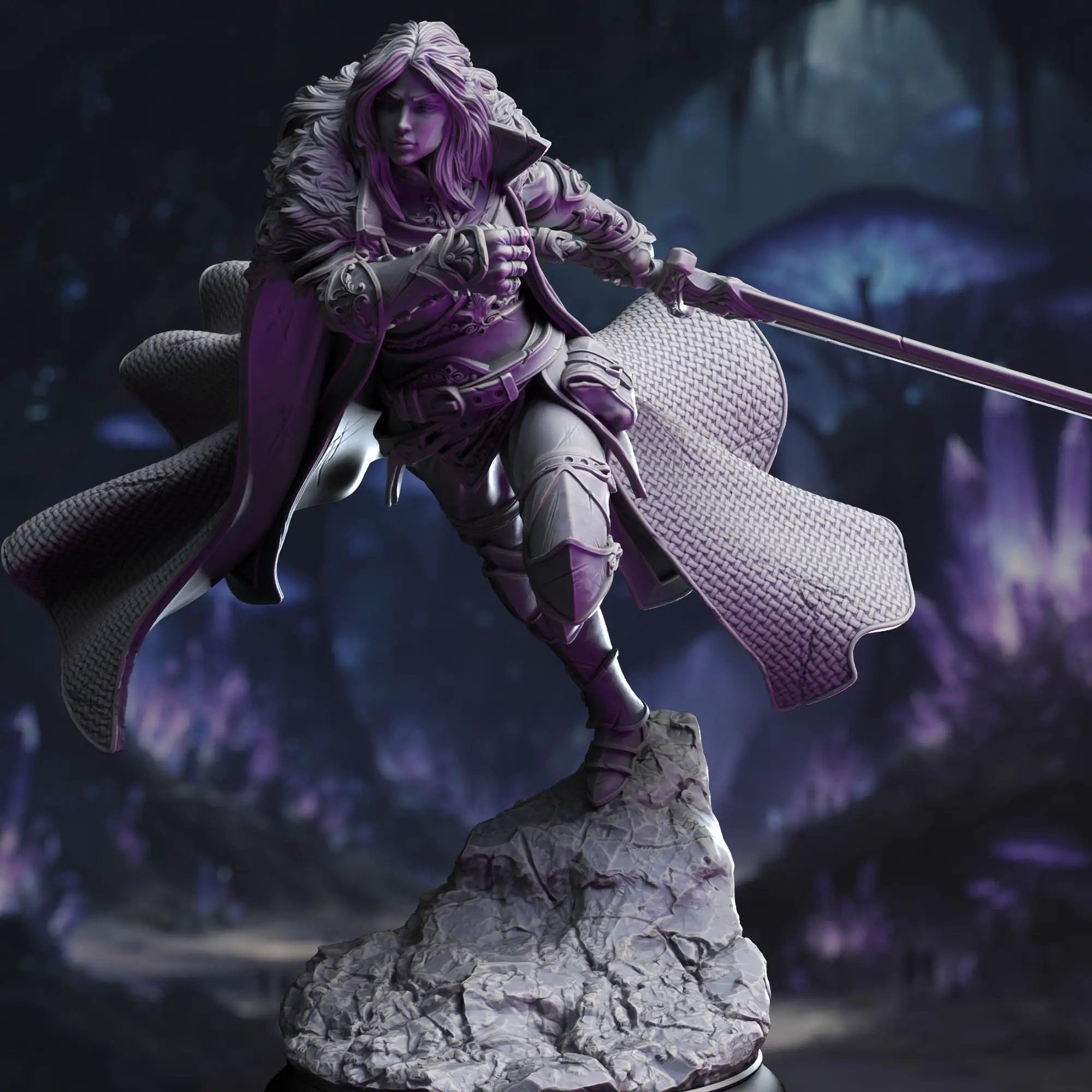 3D printed female human fighter miniature by Last Hope Miniatures, detailed figure with armor and weapon for tabletop gaming.