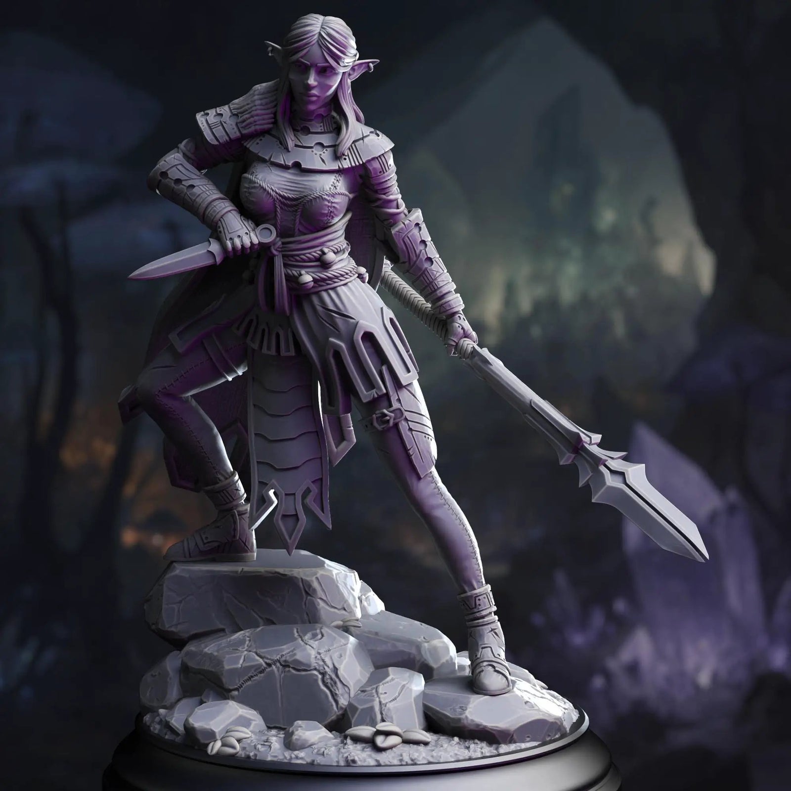 3D printed Drow Pathfinder miniature by Last Hope Miniatures for D&D, detailed fantasy figure with dark armor and weapon.