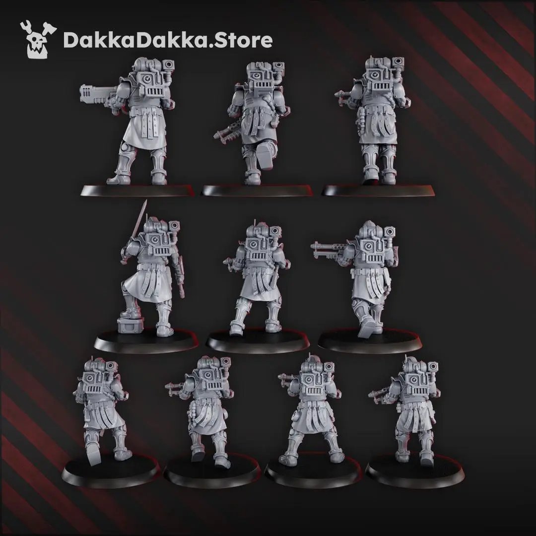 Ten 3D printed Satellitum Mechguards Squad miniatures by Last Hope Miniatures for DakkaDakka Mininatures, detailed sci-fi robot figures.