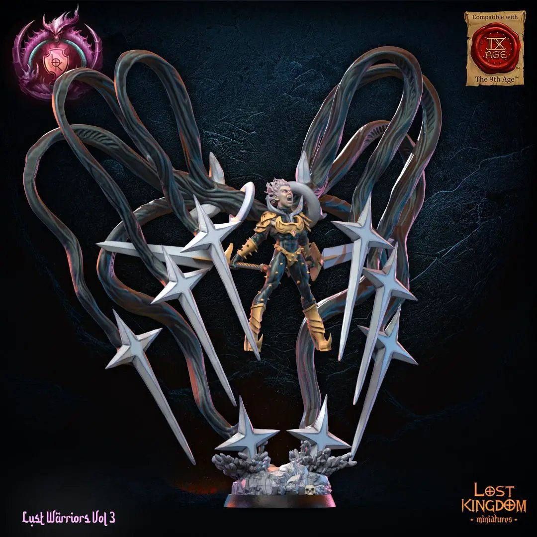 3D printed Lust Doomlord miniature by Last Hope Miniatures, detailed fantasy figure with intricate armor and weapon details.