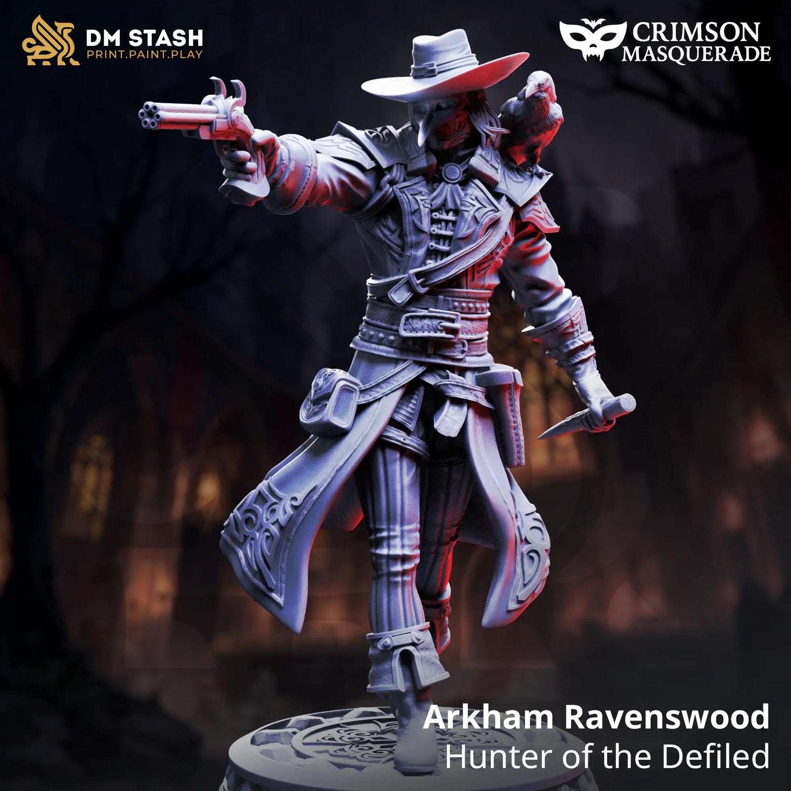 3D printed Hunter of the Defiled figurine from Arkham Ravenswood by Last Hope Miniatures, showcasing detailed sculpt and dark fantasy design.