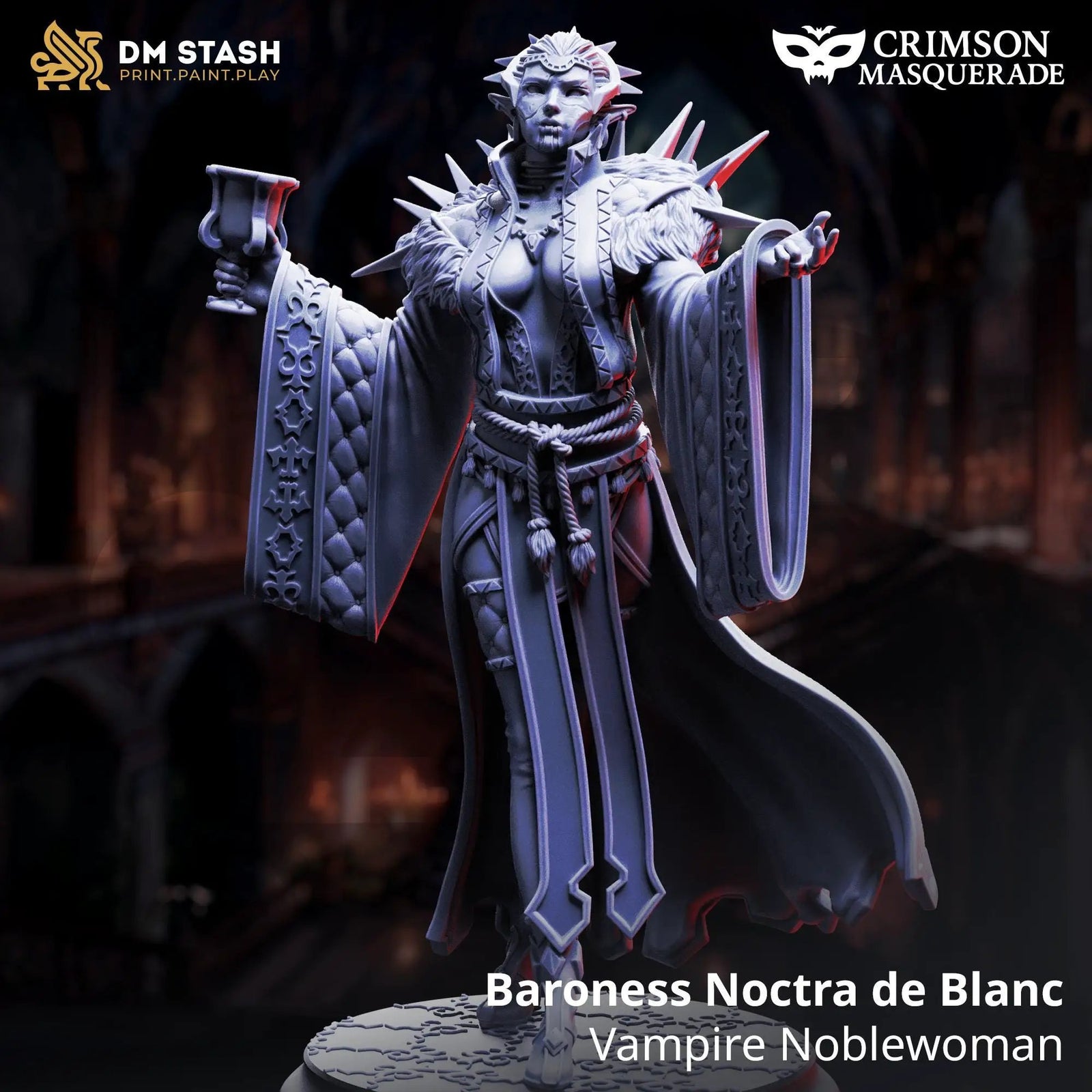 3D printed miniature of Vampire Noblewoman Baroness Noctra De Blanc by Last Hope Miniatures, featuring detailed gothic clothing and regal pose.