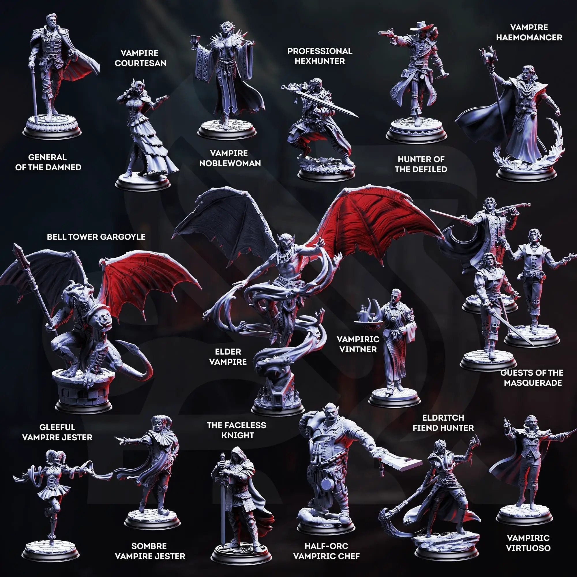 Carmine Duvall vampire courtesan 3D printed miniature by Last Hope Miniatures, detailed with gothic attire and fantasy style.