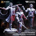 Three 3D printed Vampire Socialites miniatures by Last Hope Miniatures, featuring detailed vampire characters for tabletop gaming.